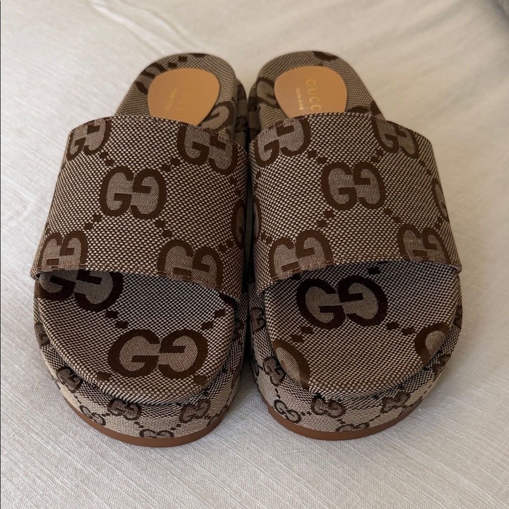 Gucci Brown GG Canvas Platform Slides